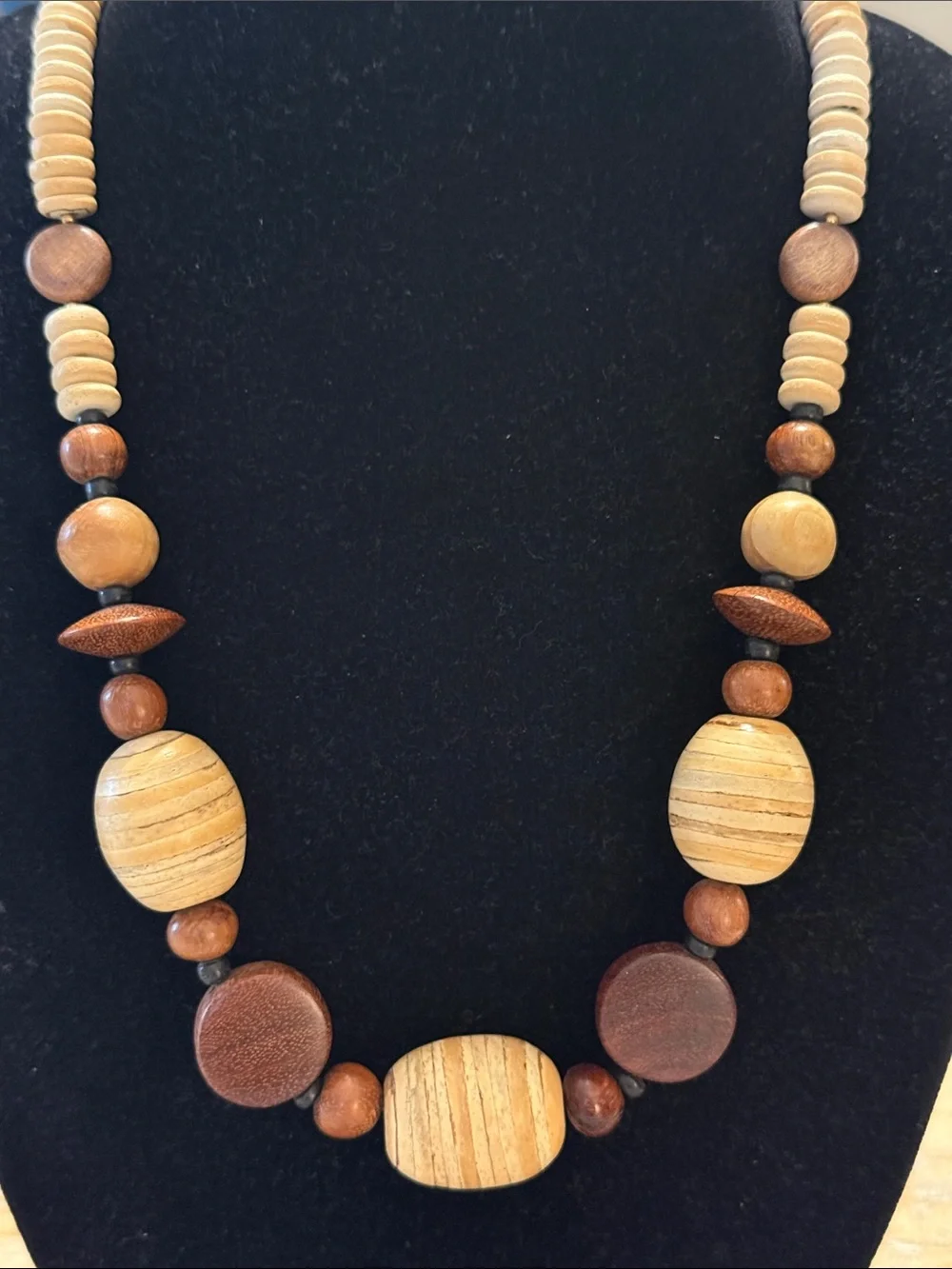 Vintage Boho Brown Tan Chunky Beaded Long Statement Necklace